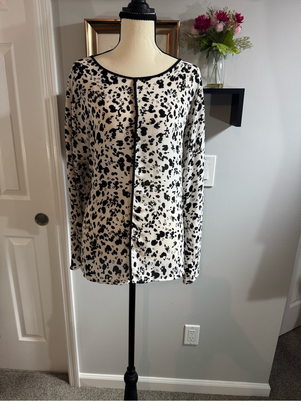 Vince Camuto Black and White Dalmatian Print Top